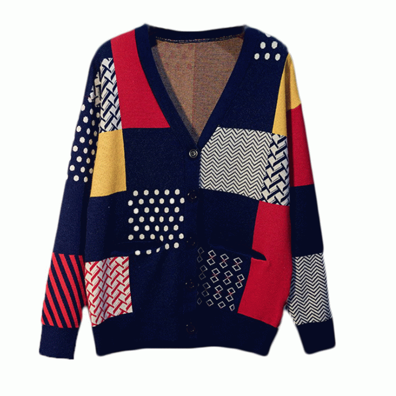 2019 Plus Storlek Kontrastfärg Jacquard Winter Fall Ladies Cardigan Knit Sweater