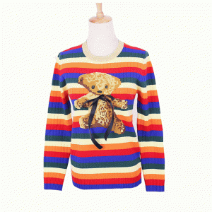 Custom ODM Teddy Bear Intarsia Rainbow Strips Kvinnor Cloth Pullover Sweater