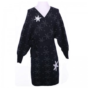 2018 Hot Snowflake Rhinestone Appliques Ladies Slash Cardigan Stickad Klänning